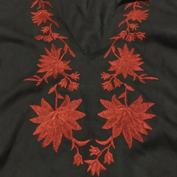Dark Navy Blue Red Embroidered Peasant Sleeve Bohemian Tunic Shirt - Picture 3 of 15
